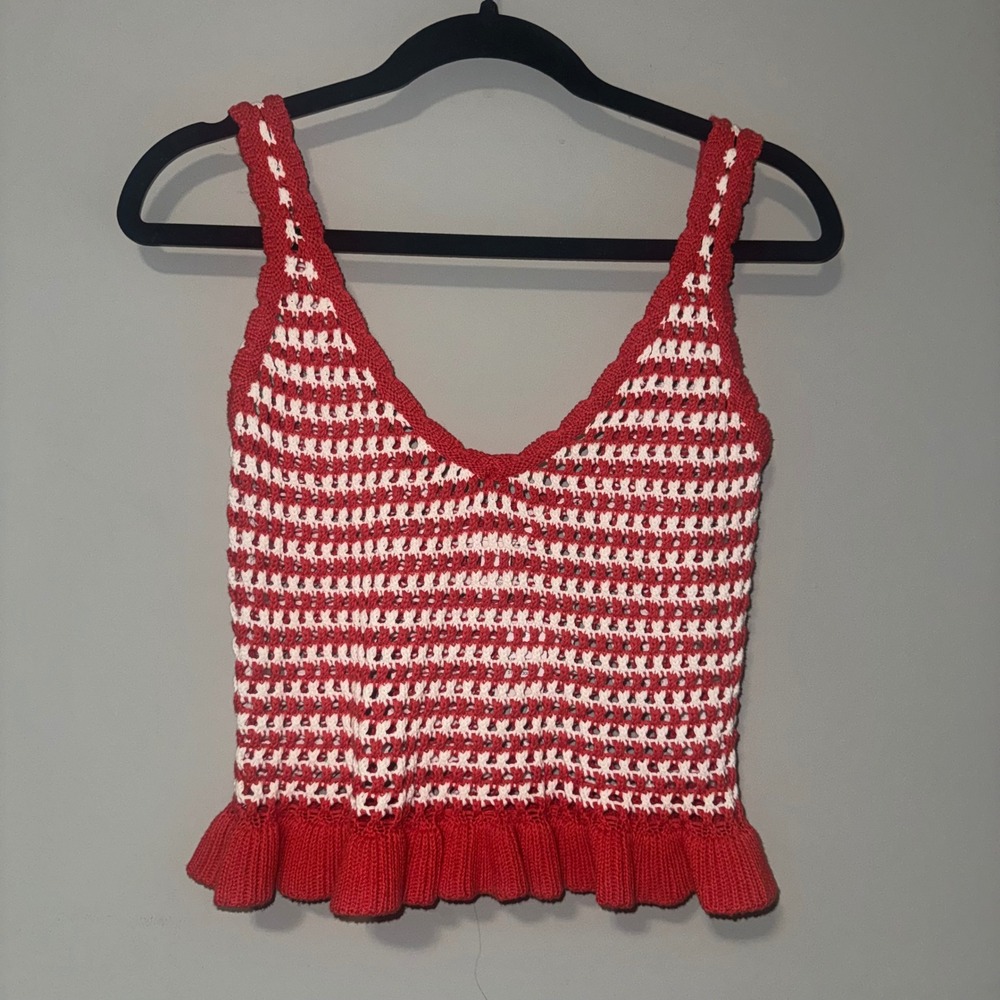 Full‎ Tilt Red White Striped Crochet Peplum Camisole Top NWT Size M